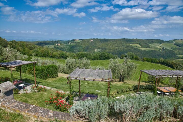 Toskana Weingut Sasso Storico im Chianti mit Pool und Panoramablick Ferienwohnung Grotta, Torre und Bellvista Platz mit Aussicht