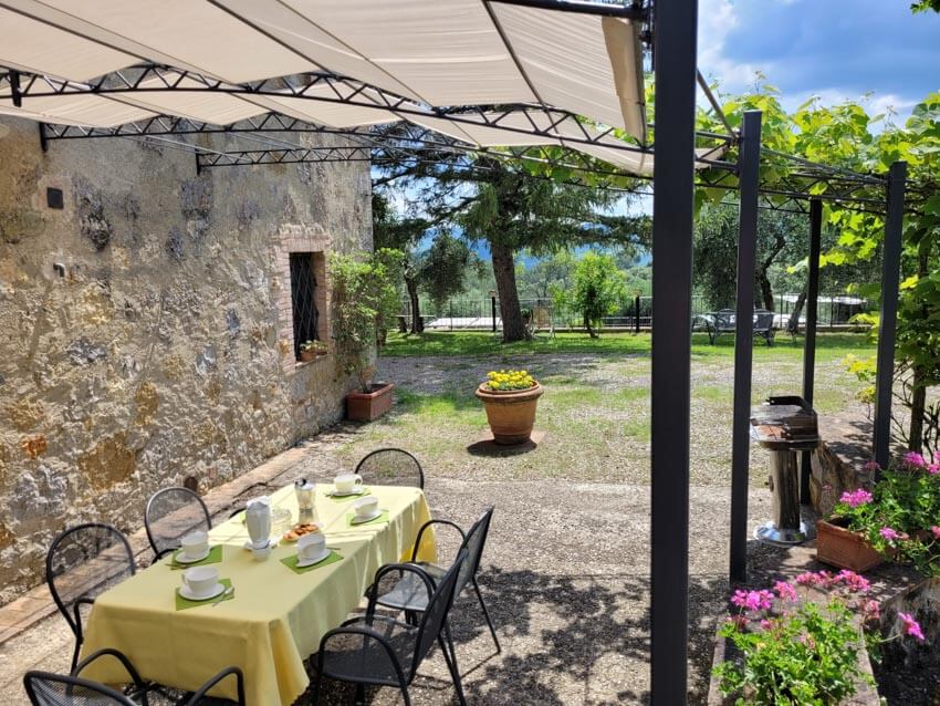 Podere Casciano mit Pool und Panorama am Val d`Orcia Wohnung Maggiore Terrassenansicht
